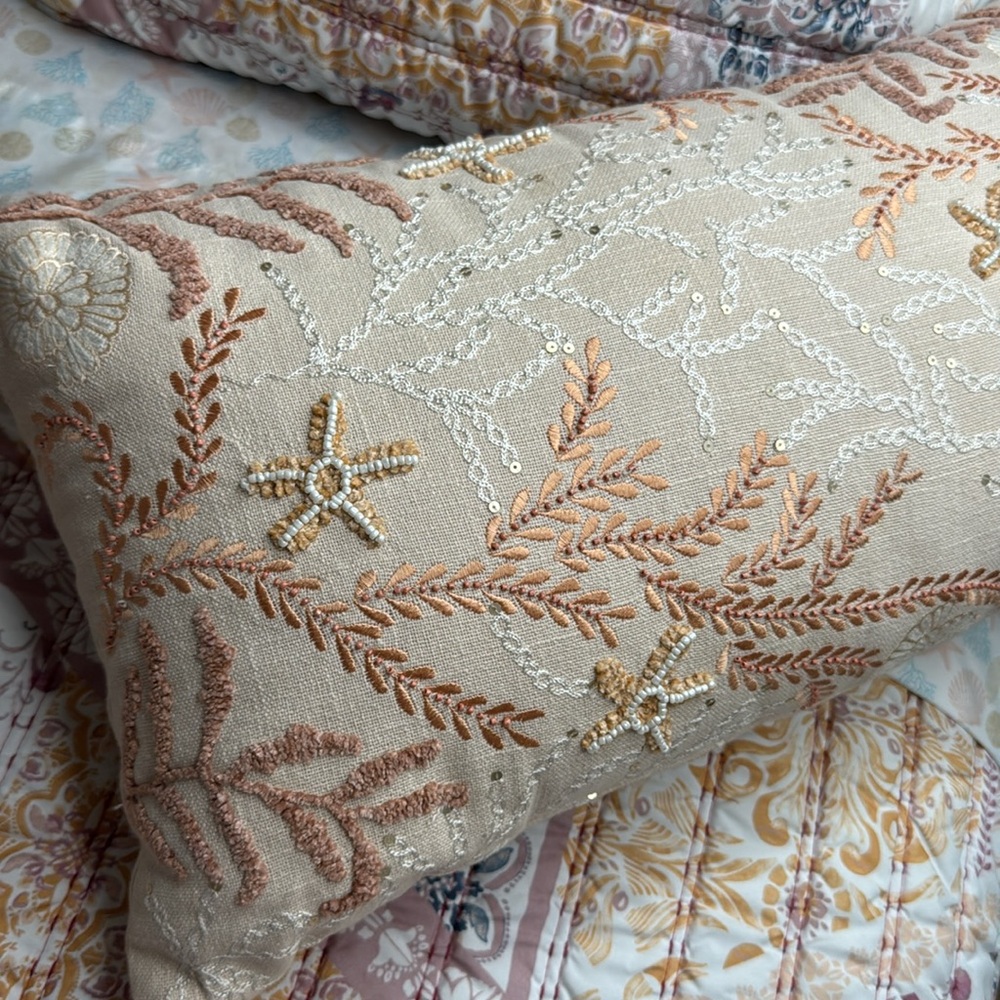 NEW Large Coastal Hand Embroidered w beads & Sequins Lumbar Pillow Beach Boho - Picture 17 of 17